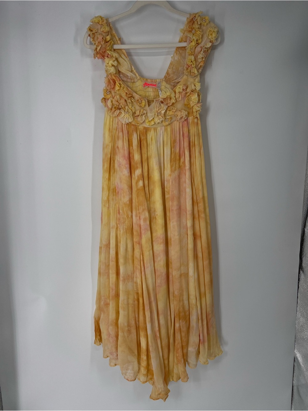 Free People Yellow Floral Embroidered Bohemian Watercolor Chiffon Maxi Dress S